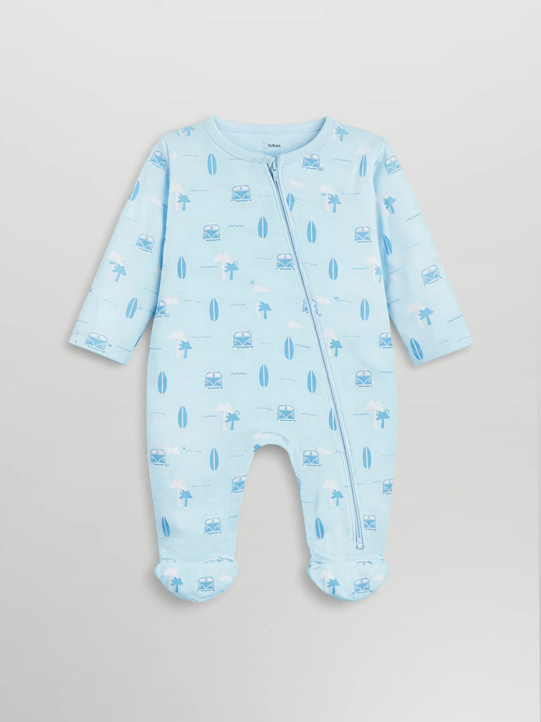Organic Cotton Baby Romper – Soft Breathable Beach Print Full Sleeve Zip Sleepsuit