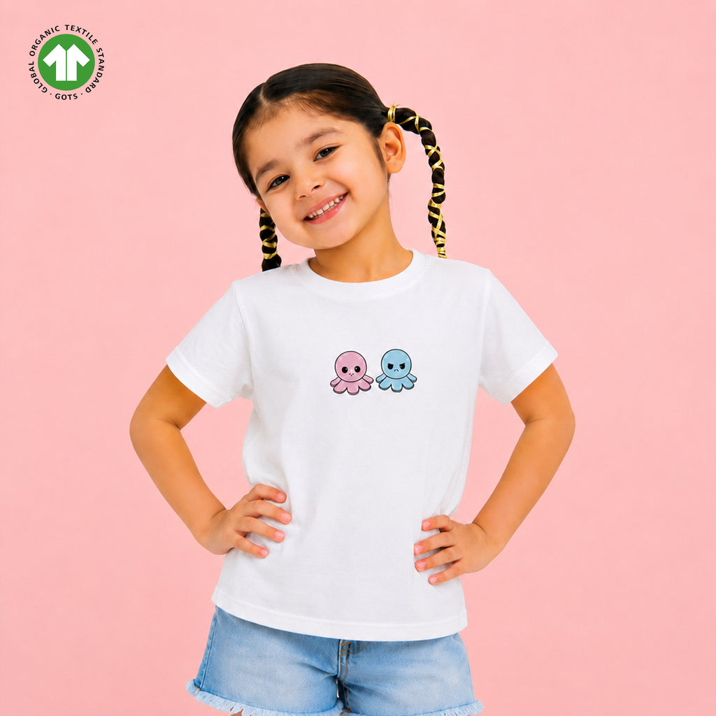 Organic Cotton White Round Neck Octopus Print Half Sleeve T-Shirt for Kids | Unisex