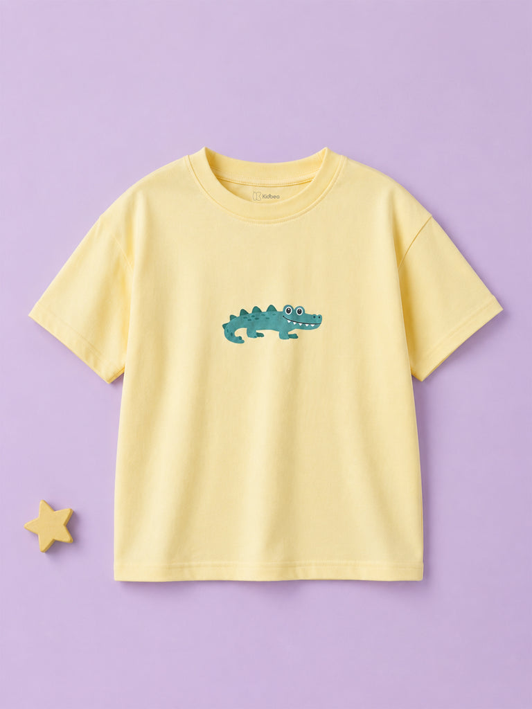 Organic Cotton Cream Crocodile Print Oversized Round Neck Half Sleeve T-Shirt | Unisex
