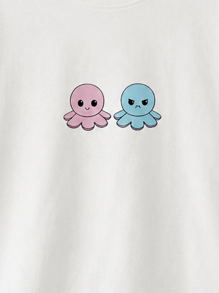 Organic Cotton White Round Neck Octopus Print Half Sleeve T-Shirt for Kids | Unisex