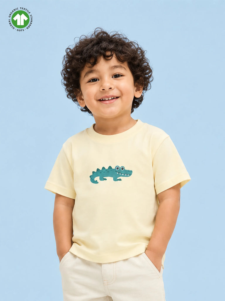 Organic Cotton Cream Crocodile Print Oversized Round Neck Half Sleeve T-Shirt | Unisex