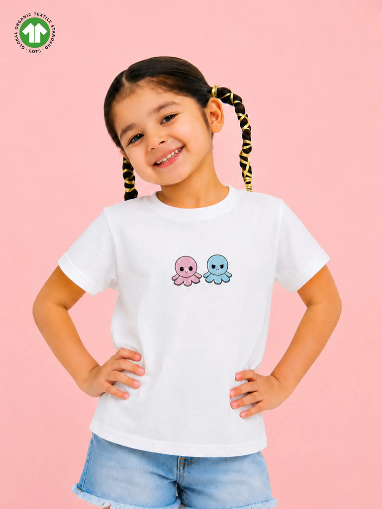 Organic Cotton White Round Neck Octopus Print Half Sleeve T-Shirt for Kids | Unisex
