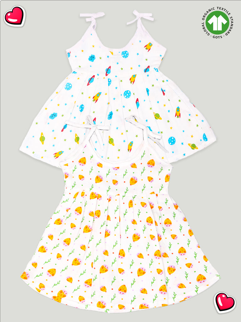 Kidbea Extra Soft Muslin Fabric Baby Girls Frock | Space and Cute Chick Print Pack of 2