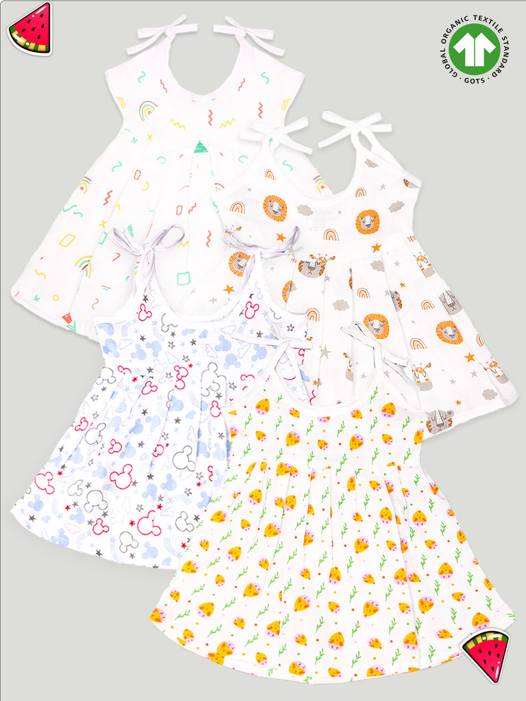Extra Soft Muslin Fabric Baby Girls Frock | Pack of 4 | Tiger, Mickey, Rainbow and Cute Chick Print