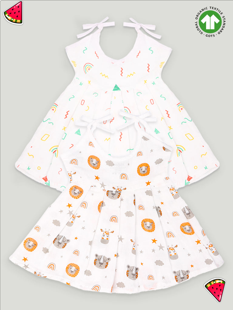 Extra Soft Muslin Fabric Baby Girls Frock | Rainbow and Tiger Print Pack of 2