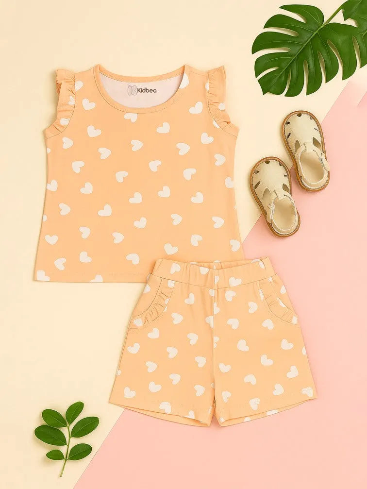 Girls Heart Print Clothing Set | Soft Sleeveless Top with Ruffle Sleeves and Elastic Waist Shorts | Peach