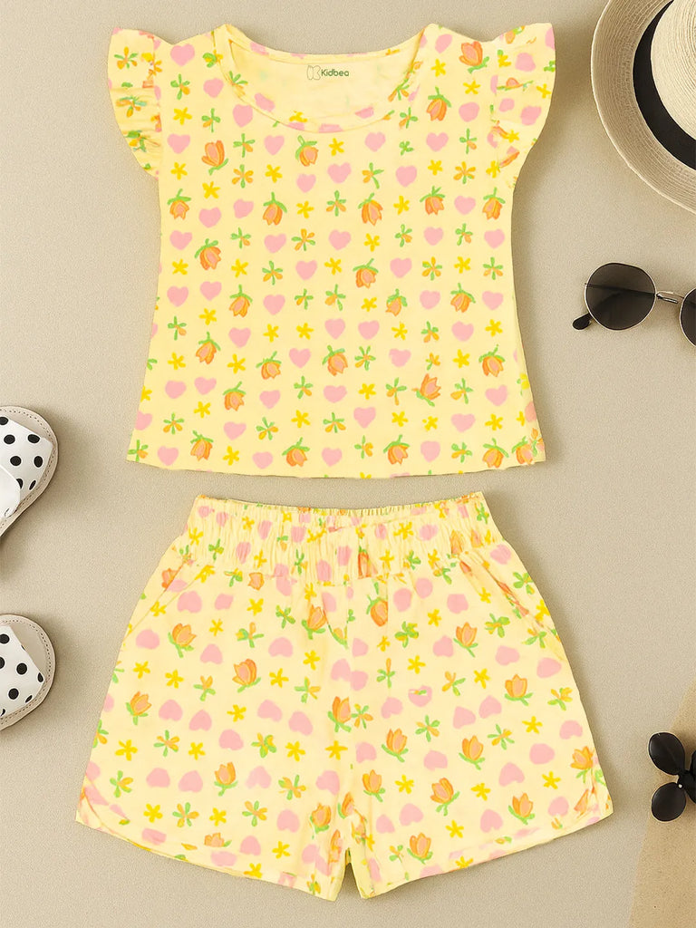 Girls Floral and Heart Print Clothing Set | Short Sleeve Ruffle Top and Elastic Waist Shorts for Kids | Yellow