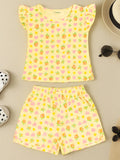 Girls Floral and Heart Print Clothing Set | Short Sleeve Ruffle Top and Elastic Waist Shorts for Kids | Yellow