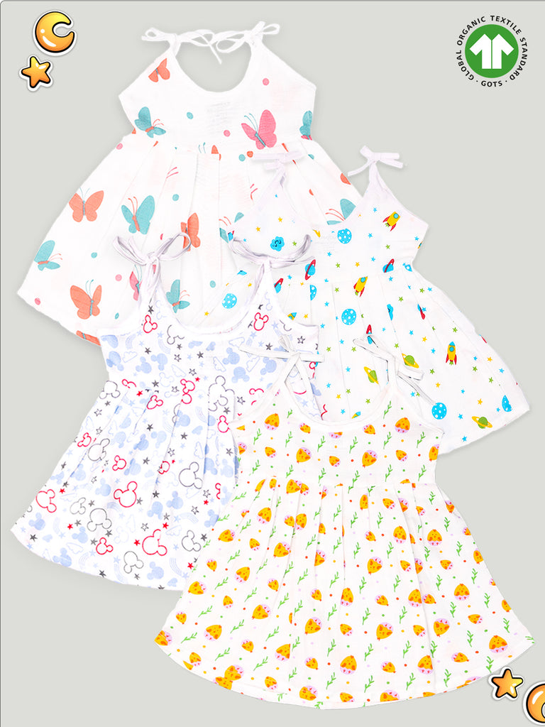 Extra Soft Muslin Fabric Baby Girls Frock | Pack of 4 | Space, Mickey, Cute Chick and Butterfly Print
