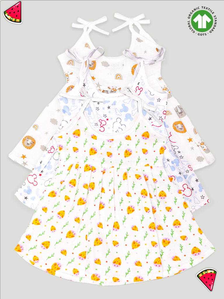 Extra Soft Muslin Fabric Baby Girls Frock | Pack of 3 | Tiger, Mickey and Cute Chick Print
