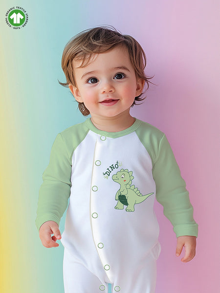 Organic Cotton Dinosaur Print Romper – Green, Full Sleeves – Kidbea
