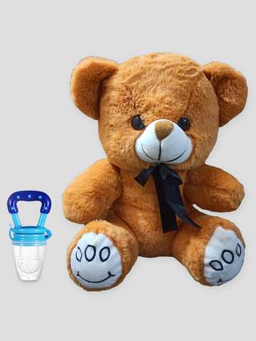 Kidbea Teddy Brown Soft Toy & Silicone Fruit Nibbler Soft Pacifier/Feeder, Teether for Baby