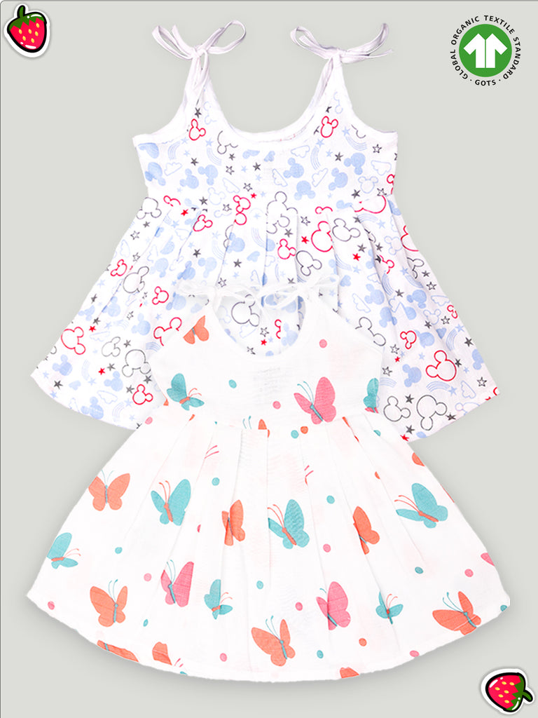 Extra Soft Muslin Fabric Baby Girls Frock | Mickey and Butterfly Print Pack of 2