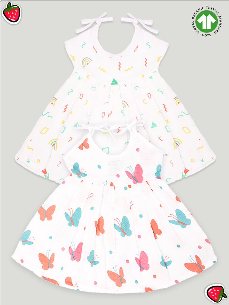 Extra Soft Muslin Fabric Baby Girls Frock | Rainbow and Butterfly Print Pack of 2