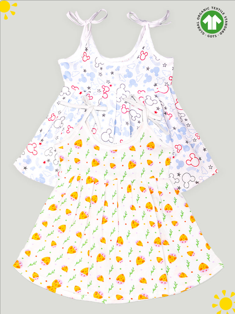 Extra Soft Muslin Fabric Baby Girls Frock | Mickey and Cute Chick Print Pack of 2