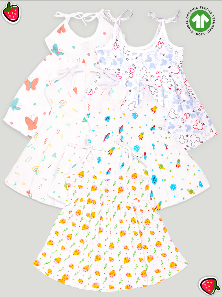 Extra Soft Muslin Fabric Baby Girls Frock | Pack of 5 | Butterfly, Mickey, Space, Rainbow and Cute Chick Print