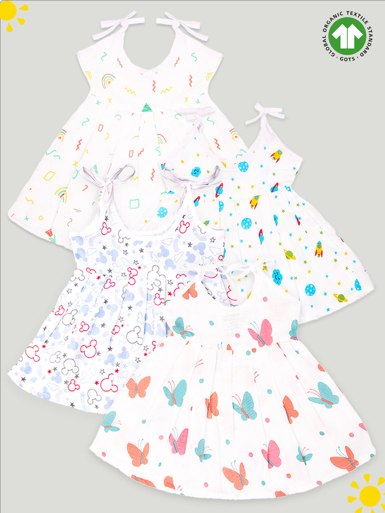 Extra Soft Muslin Fabric Baby Girls Frock | Pack of 4 | Rainnbow, Space, Mickey and Butterfly Print
