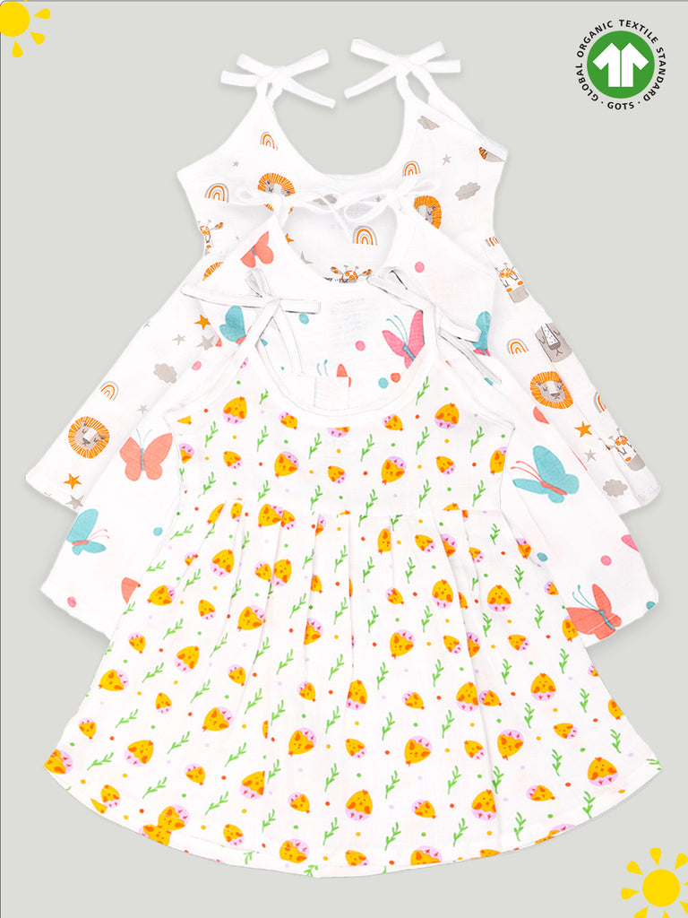 Extra Soft Muslin Fabric Baby Girls Frock | Pack of 3 | Tiger, Cute Chick and Butterfly Print