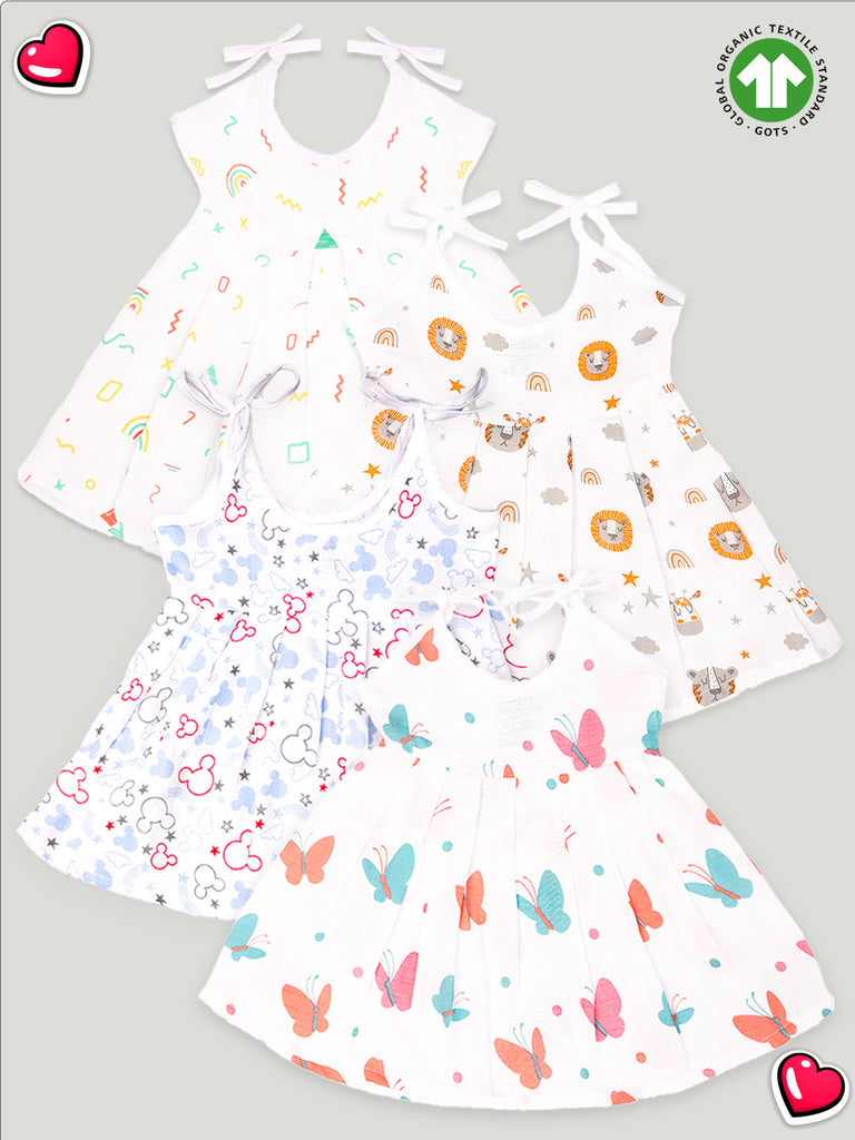 Extra Soft Muslin Fabric Baby Girls Frock | Pack of 4 | Rainbow, Tiger, Mickey and Butterfly Print