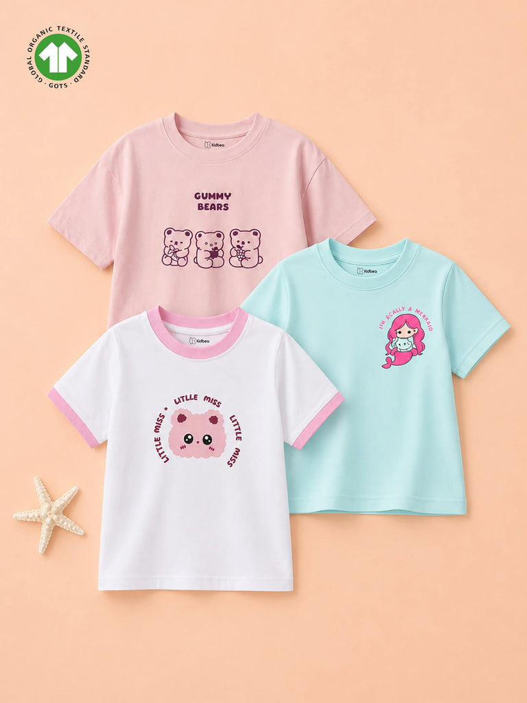 Organic Cotton Girls Graphic Print Half Sleeve T-Shirt Combo Pack (Pack of 3)