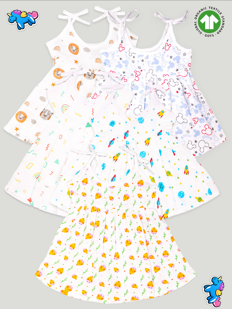 Extra Soft Muslin Fabric Baby Girls Frock | Pack of 5 | Mickey, Tiger, Space, Rainbow and Cute Chick Print