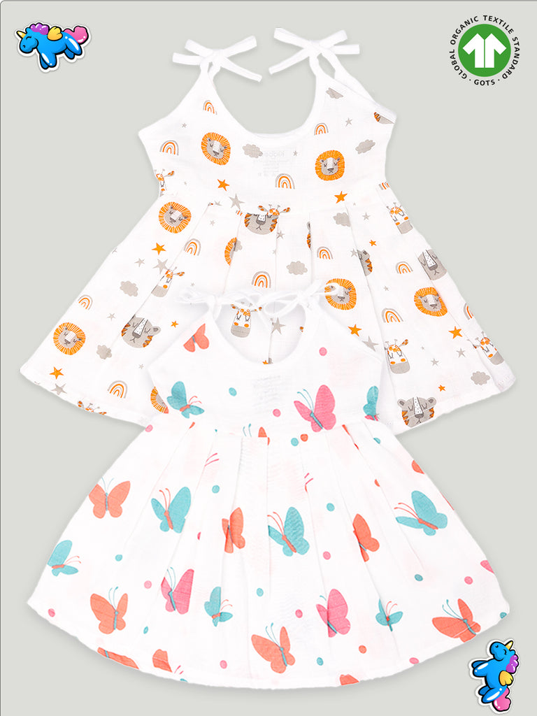 Extra Soft Muslin Fabric Baby Girls Frock | Tiger and Butterfly Print Pack of 2