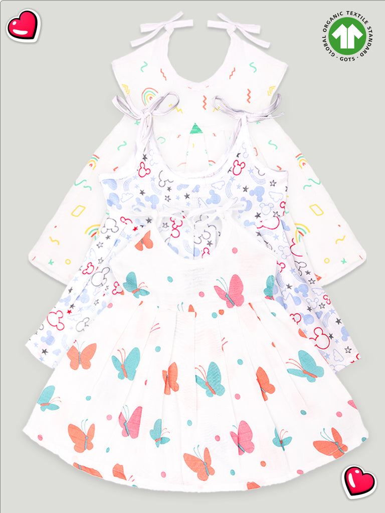 Extra Soft Muslin Fabric Baby Girls Frock | Pack of 3 | Rainbow, Mickey and Butterfly Print