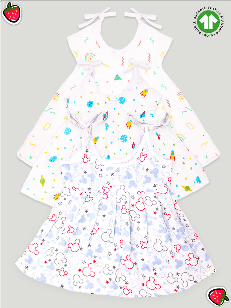 Extra Soft Muslin Fabric Baby Girls Frock | Pack of 3 | Rainbow, Mickey and Space Print