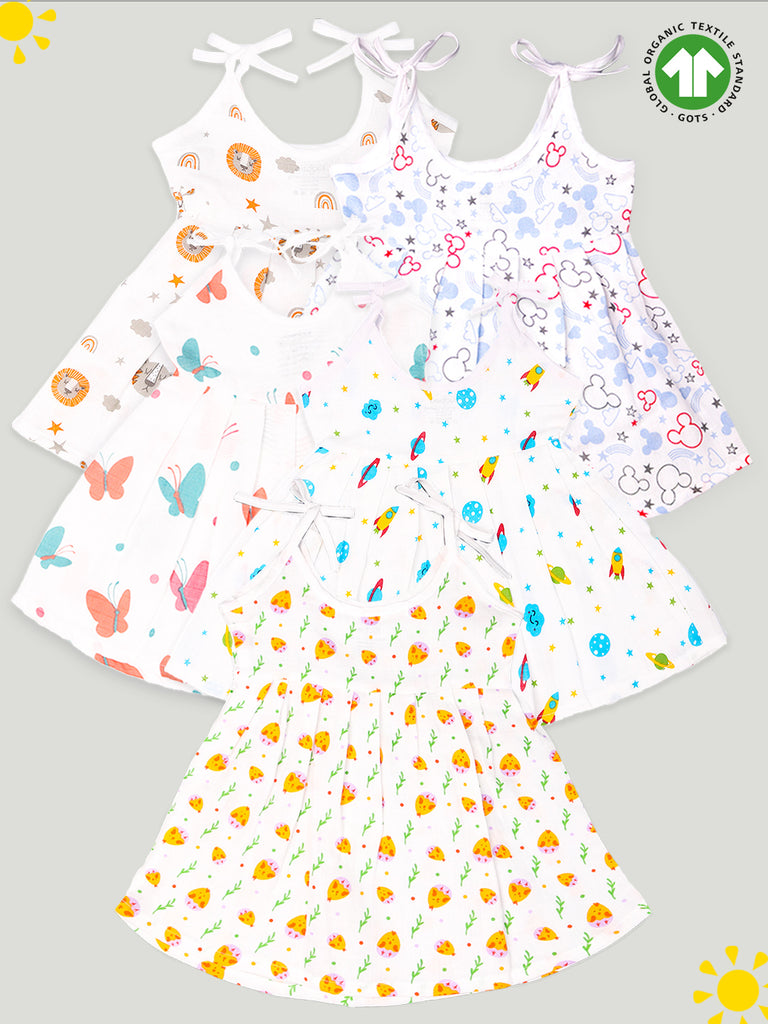 Extra Soft Muslin Fabric Baby Girls Frock | Pack of 5 | Butterfly, Tiger, Space, Rainbow and Cute Chick Print