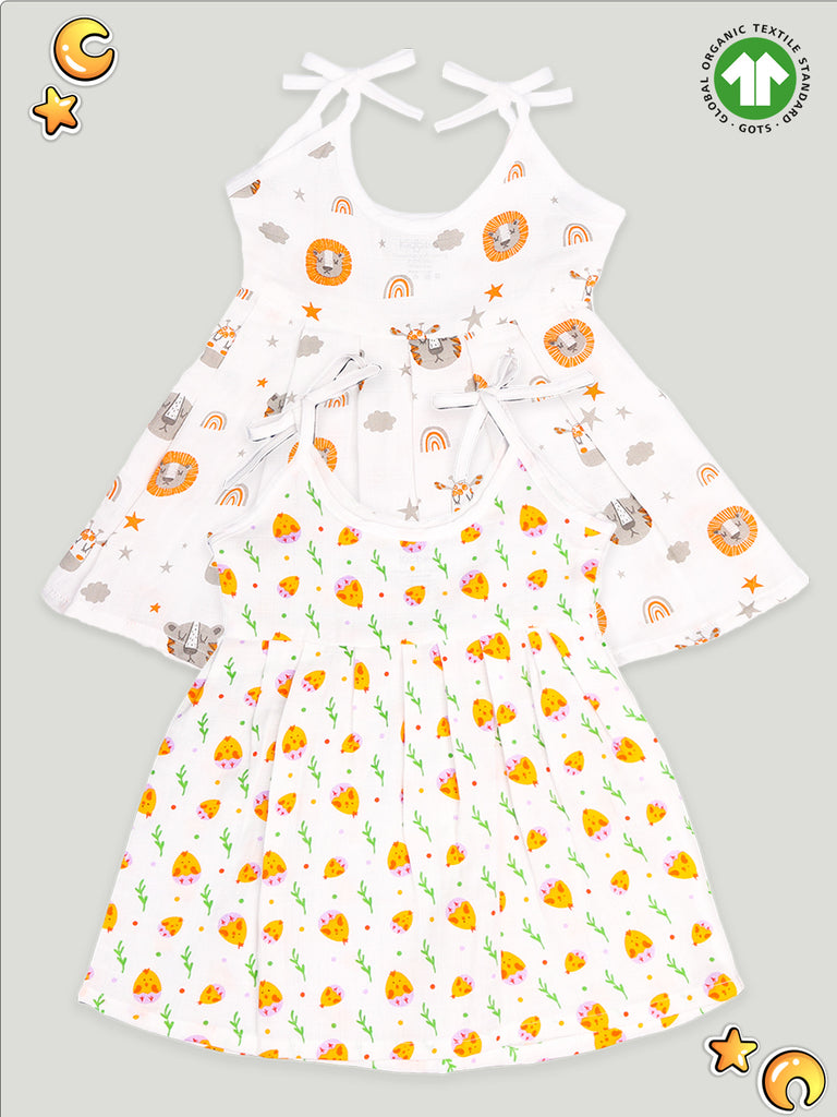 Extra Soft Muslin Fabric Baby Girls Frock | Tiger and Cute Chick Print Pack of 2