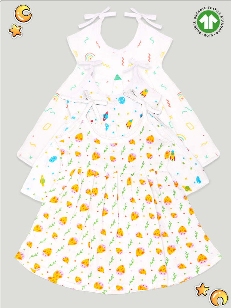 Extra Soft Muslin Fabric Baby Girls Frock | Pack of 3 | Rainbow, Space and Cute Chick