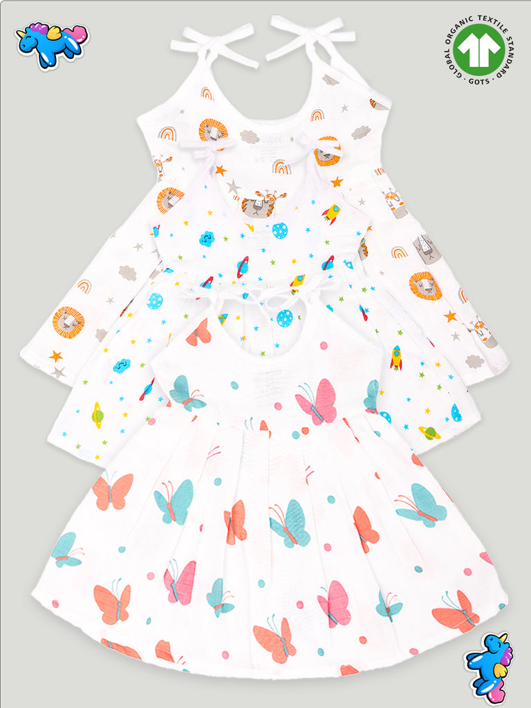 Extra Soft Muslin Fabric Baby Girls Frock | Pack of 3 | Tiger, Space and Butterfly Print