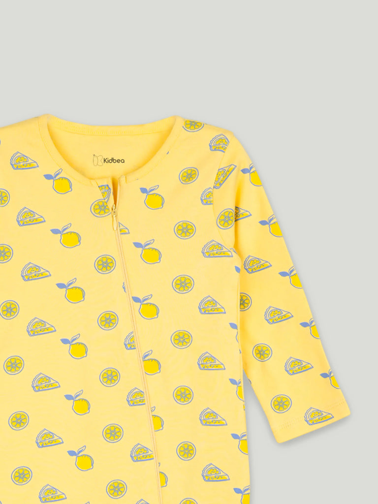 Organic Cotton Baby Romper – Soft Breathable Yellow Lemon Print Full Sleeve Zip Sleepsuit