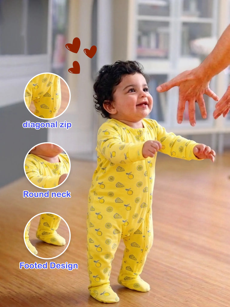 Organic Cotton Baby Romper – Soft Breathable Yellow Lemon Print Full Sleeve Zip Sleepsuit