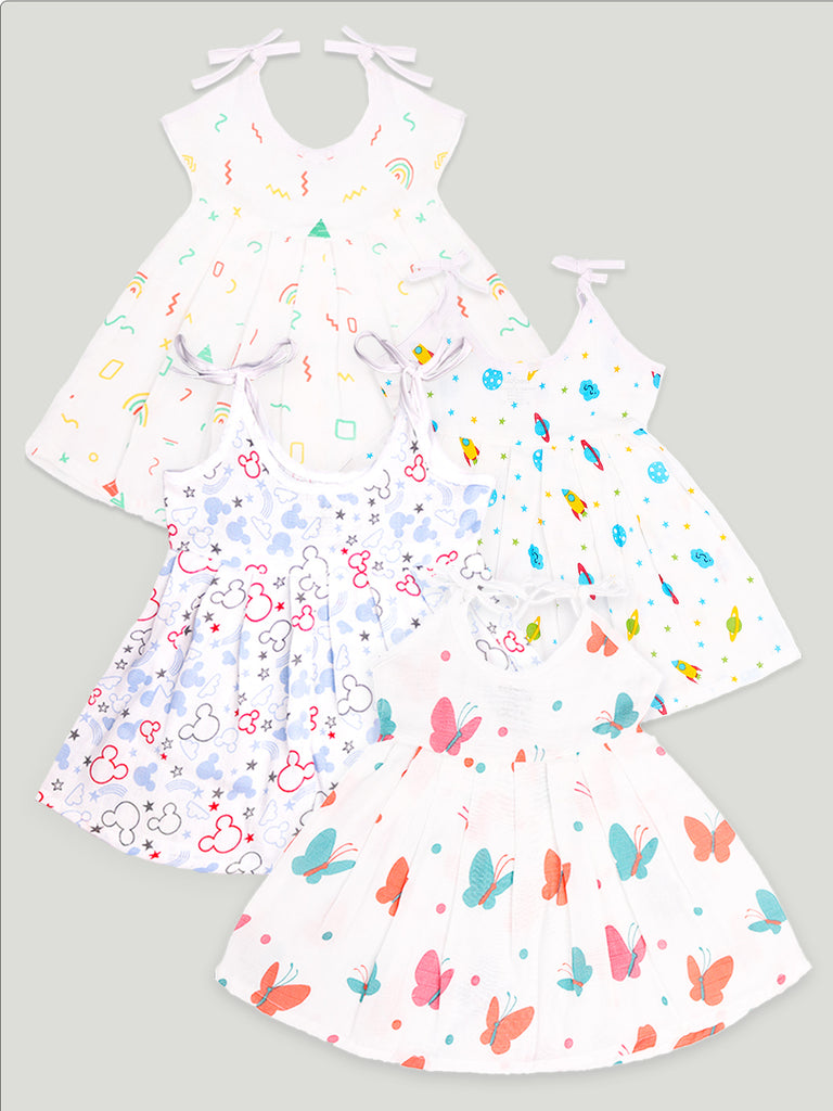 Extra Soft Muslin Fabric Baby Girls Frock | Pack of 4 | Rainnbow, Space, Mickey and Butterfly Print
