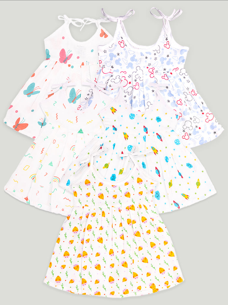 Extra Soft Muslin Fabric Baby Girls Frock | Pack of 5 | Butterfly, Mickey, Space, Rainbow and Cute Chick Print