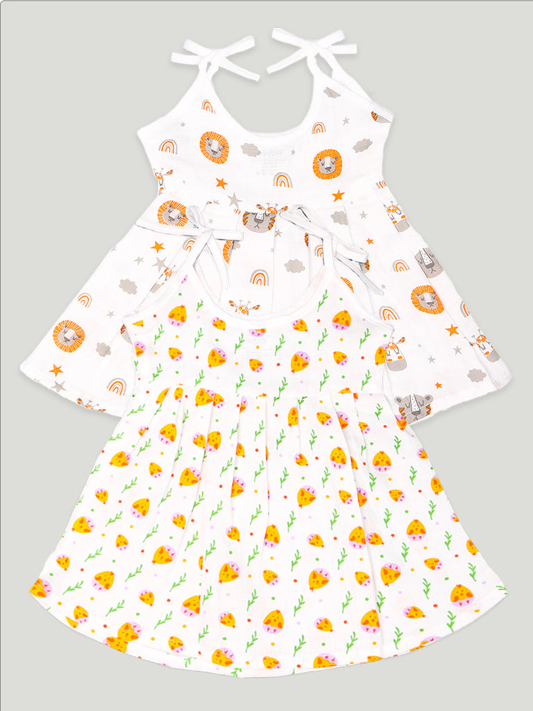 Extra Soft Muslin Fabric Baby Girls Frock | Tiger and Cute Chick Print Pack of 2