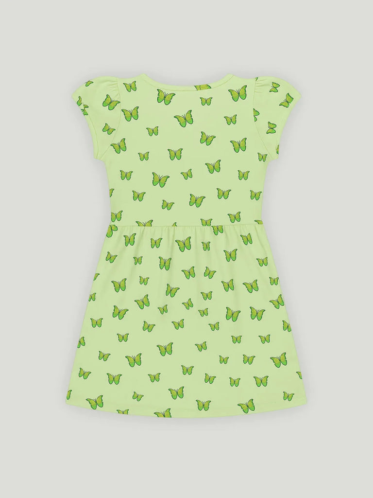 Kidbea Girls Cotton Frock | Butterfly Printed Summer Dress | Short Sleeve Casual Wear Kids | Green