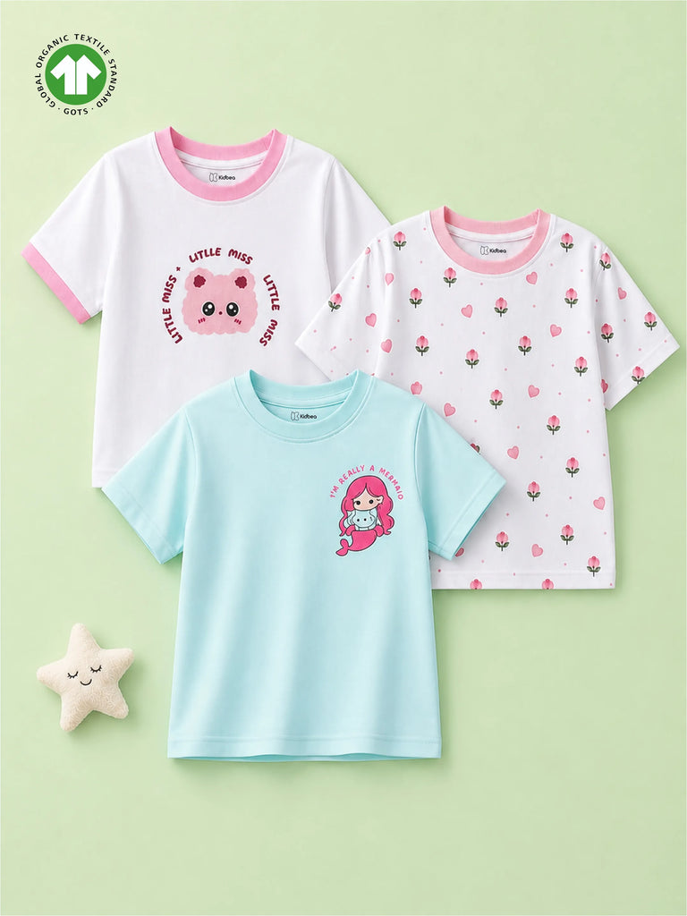 Organic Cotton Girls Little Miss, Mermaid & Floral Hearts Print Half Sleeve T-Shirt Combo Pack
