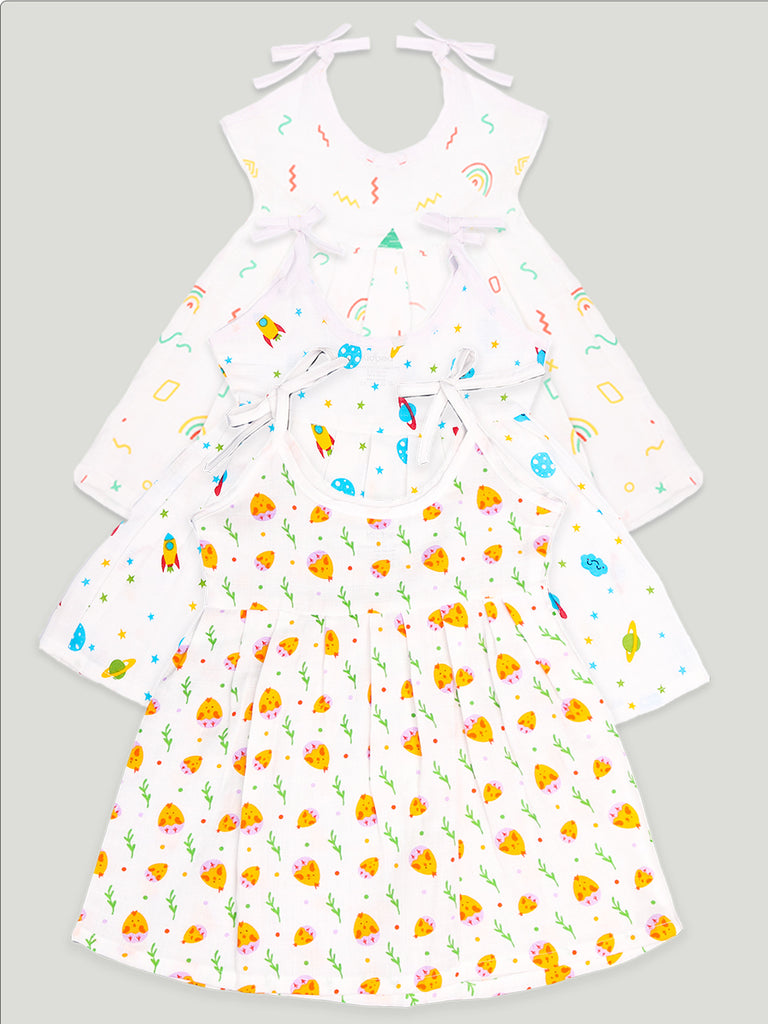 Extra Soft Muslin Fabric Baby Girls Frock | Pack of 3 | Rainbow, Space and Cute Chick