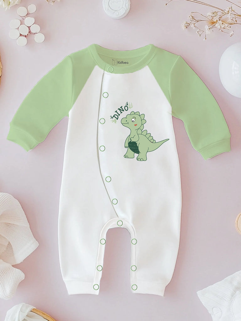 Organic Cotton Dinosaur Print Romper – Green, Full Sleeves
