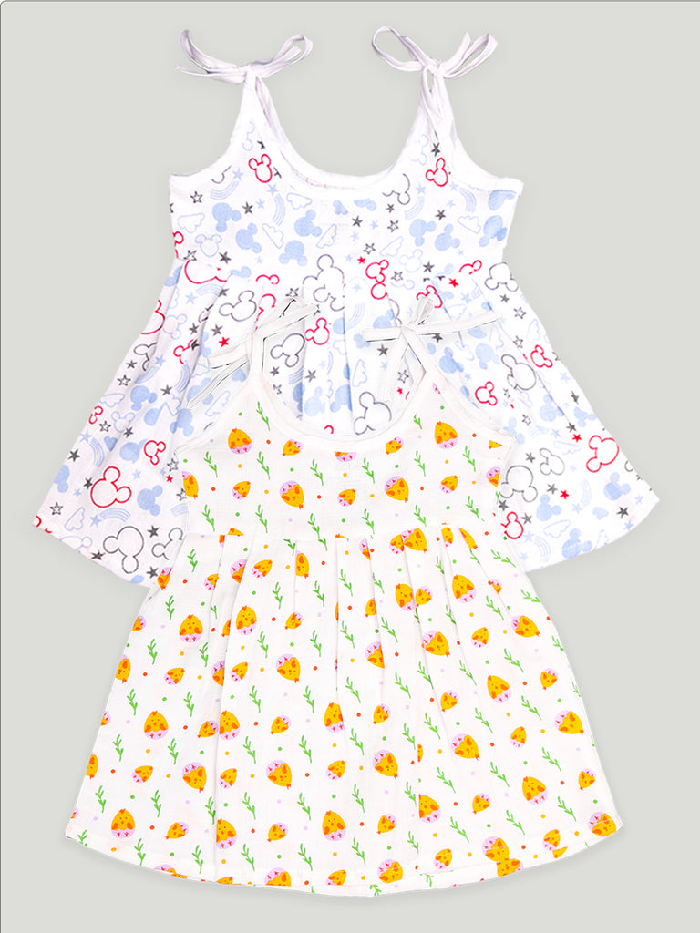 Extra Soft Muslin Fabric Baby Girls Frock | Mickey and Cute Chick Print Pack of 2