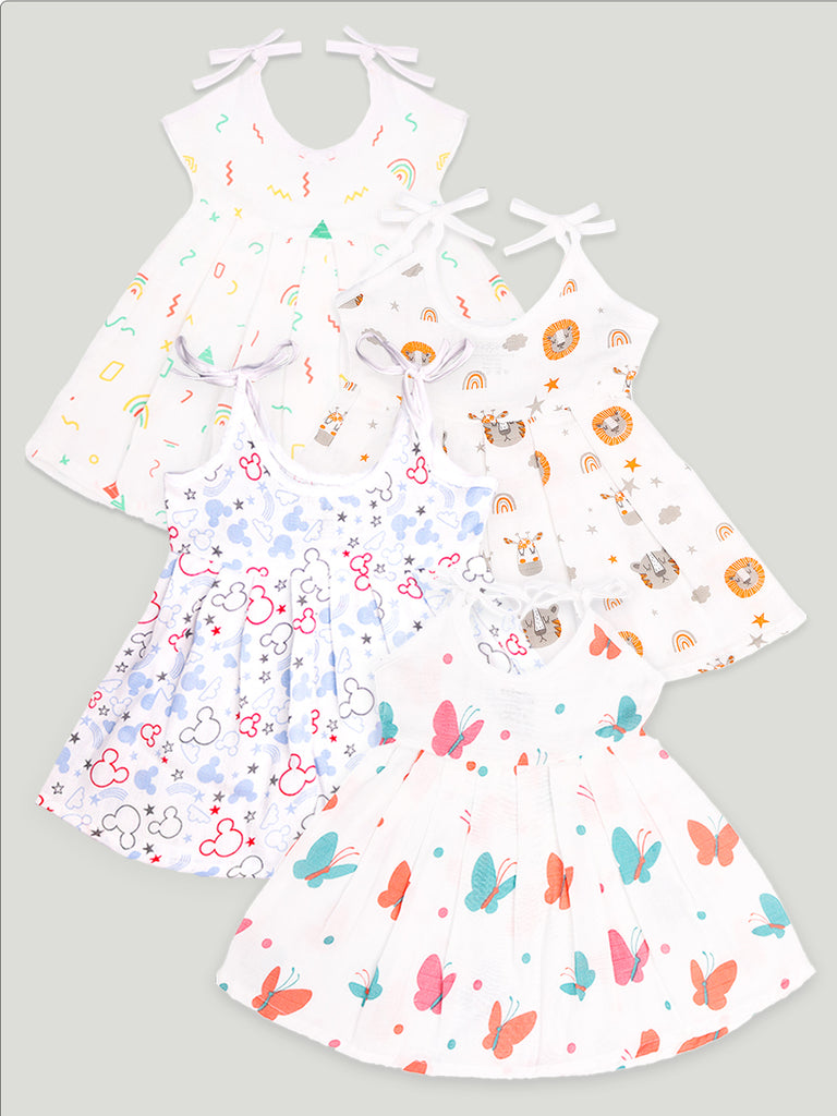 Extra Soft Muslin Fabric Baby Girls Frock | Pack of 4 | Rainbow, Tiger, Mickey and Butterfly Print