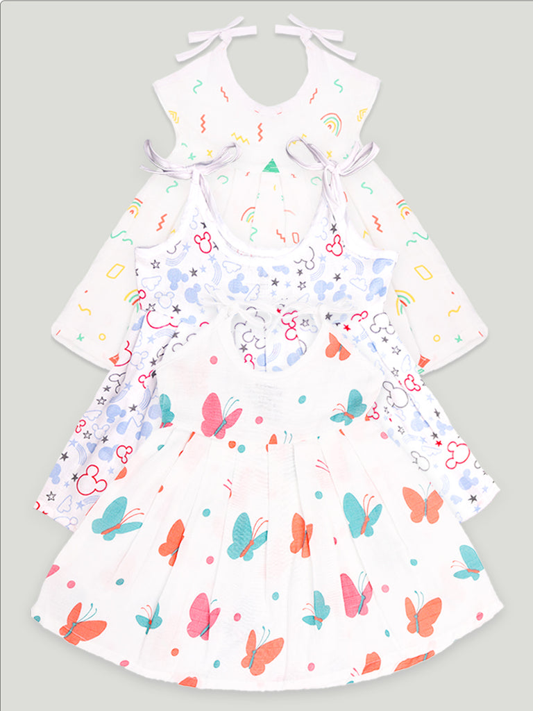 Extra Soft Muslin Fabric Baby Girls Frock | Pack of 3 | Rainbow, Mickey and Butterfly Print