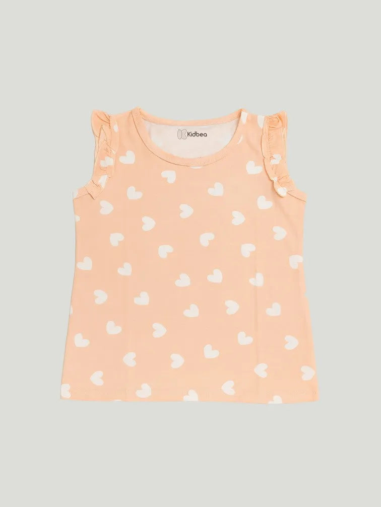 Girls Heart Print Clothing Set | Soft Sleeveless Top with Ruffle Sleeves and Elastic Waist Shorts | Peach
