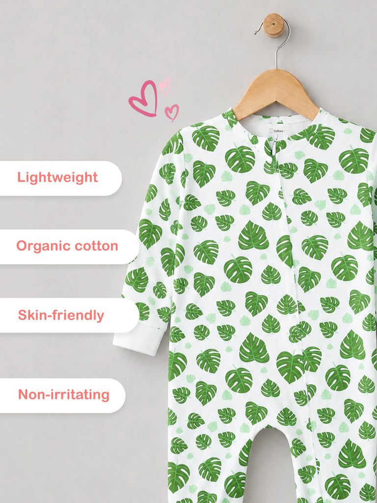 Organic cotton Leaf Print Romper/Bodysuit - Green