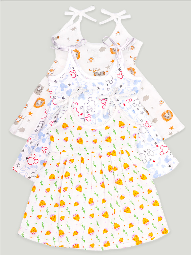 Extra Soft Muslin Fabric Baby Girls Frock | Pack of 3 | Tiger, Mickey and Cute Chick Print