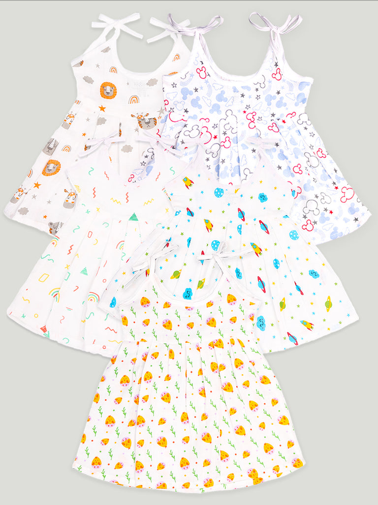 Extra Soft Muslin Fabric Baby Girls Frock | Pack of 5 | Mickey, Tiger, Space, Rainbow and Cute Chick Print