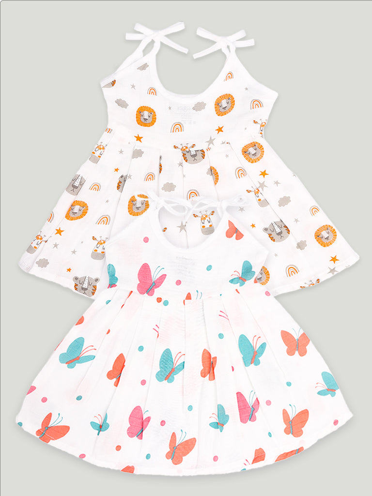 Extra Soft Muslin Fabric Baby Girls Frock | Tiger and Butterfly Print Pack of 2