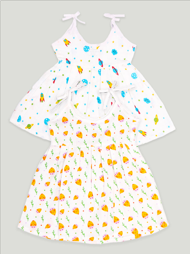 Kidbea Extra Soft Muslin Fabric Baby Girls Frock | Space and Cute Chick Print Pack of 2